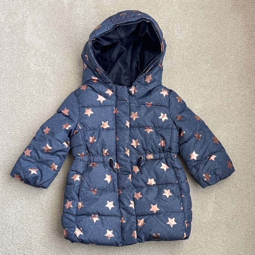 Baby Gap baby girls quilted puffer parka coat navy with rose gold stars 18-24mo